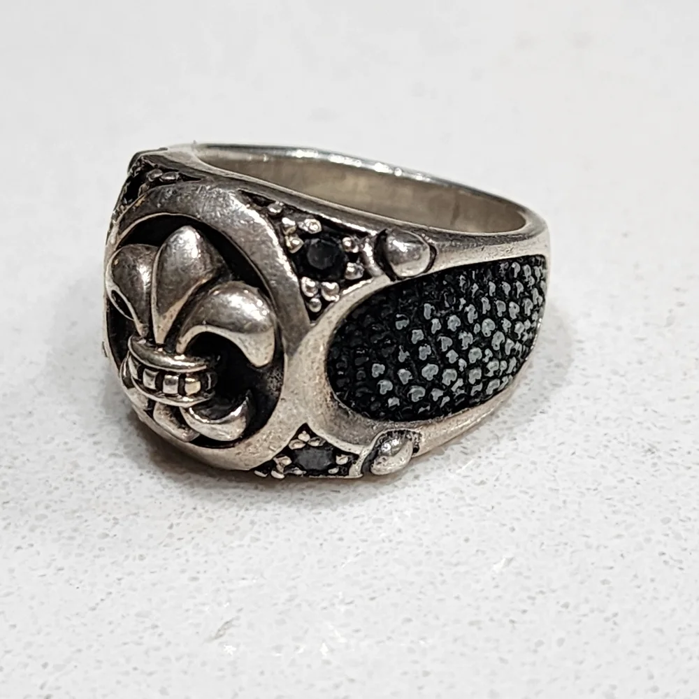 Sterling silver Stingray leather fleur-de-lis black zirconia size 8.5 unisex - Picture 5 of 6